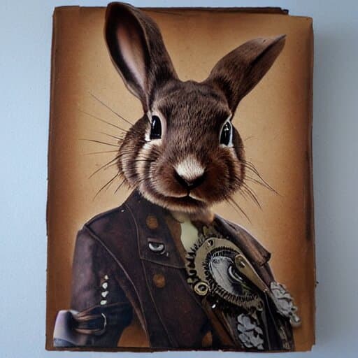 Digital art portrait of an anthropomorphized rabbit wearing Victorian or steampunk-style clothing with mechanical details. The rabbit has a realistic head with dark fur and alert ears, while wearing a formal brown jacket with gear elements against a vintage paper background.