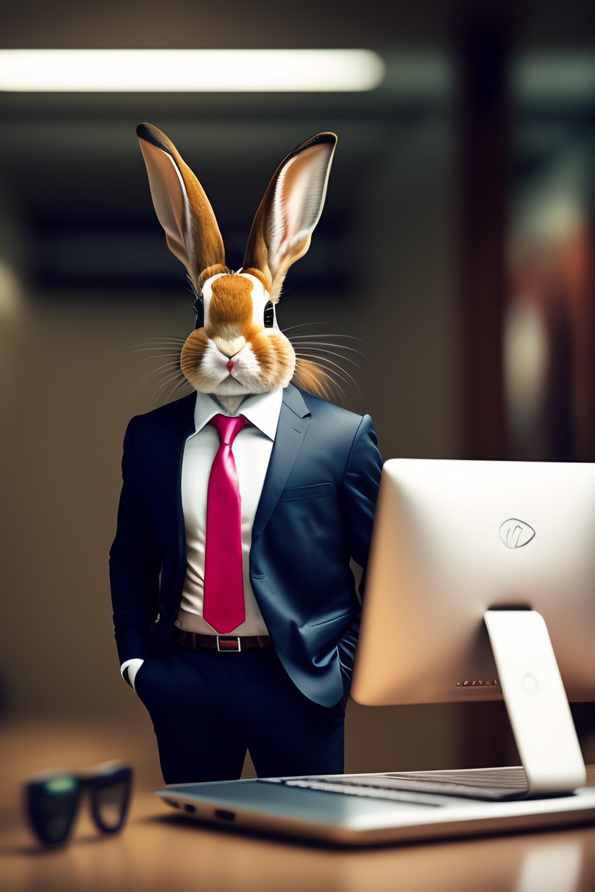 Digital art portrait of an anthropomorphic rabbit wearing a business suit with a navy jacket and bright pink tie, standing at a desk with a laptop. The image blends photorealistic rabbit features with human clothing and posture in an office setting.