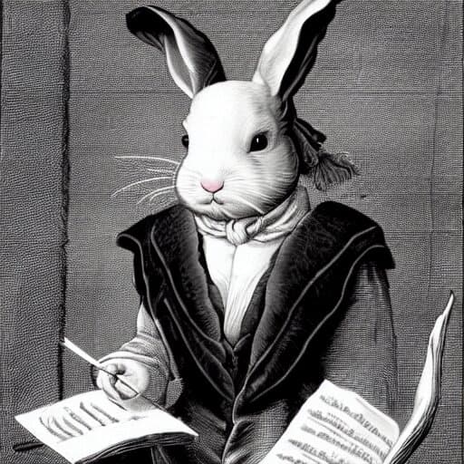 Black and white illustration of an anthropomorphic white rabbit dressed in Victorian or 19th century scholar attire with a coat and cravat. The rabbit is depicted writing with a quill pen in an open book or ledger, presented in a vintage engraving style.